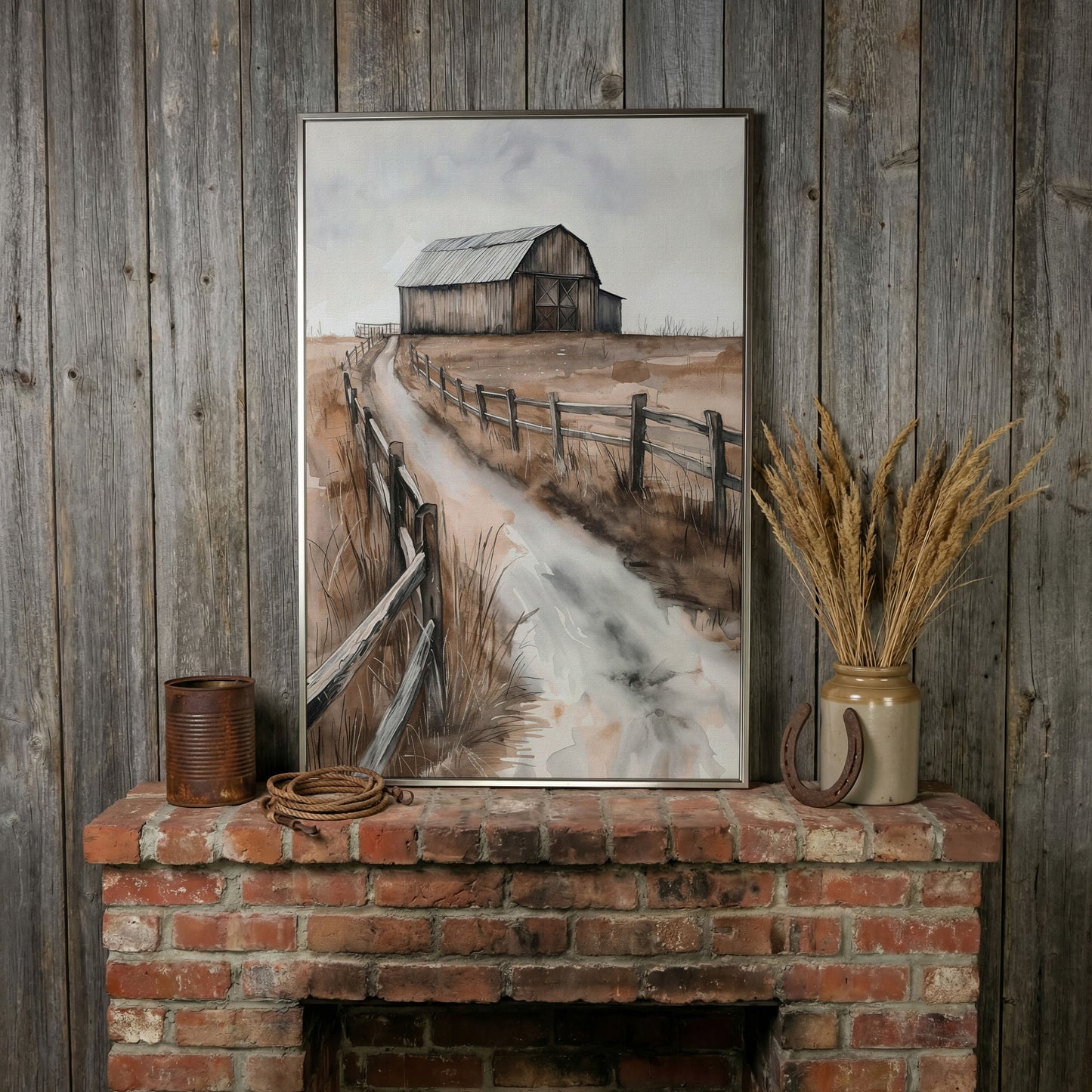 Rural Landscape with Wooden Barn Canvas Print in silver floating frame