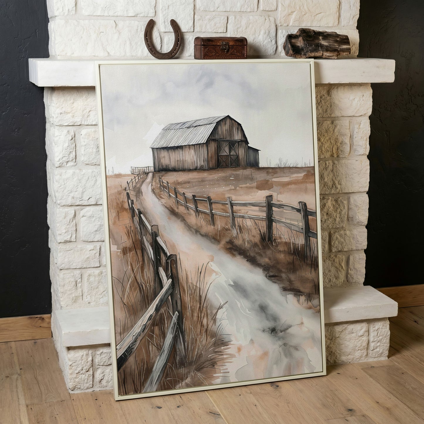 Rural Landscape with Wooden Barn Canvas Print in white floating frame