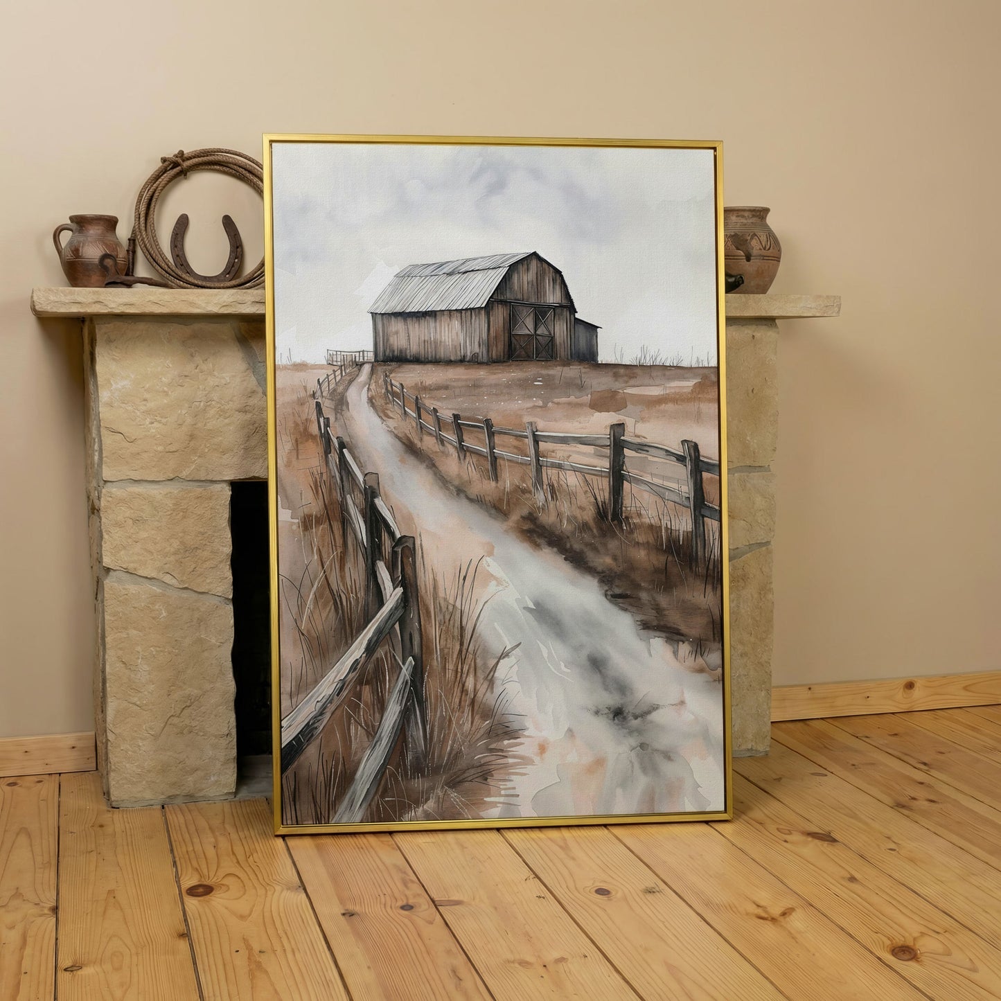 Rural Landscape with Wooden Barn Canvas Print in yellow gold floating frame