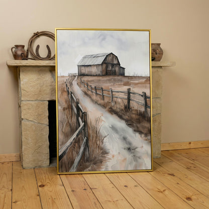 Rural Landscape with Wooden Barn Canvas Print in yellow gold floating frame