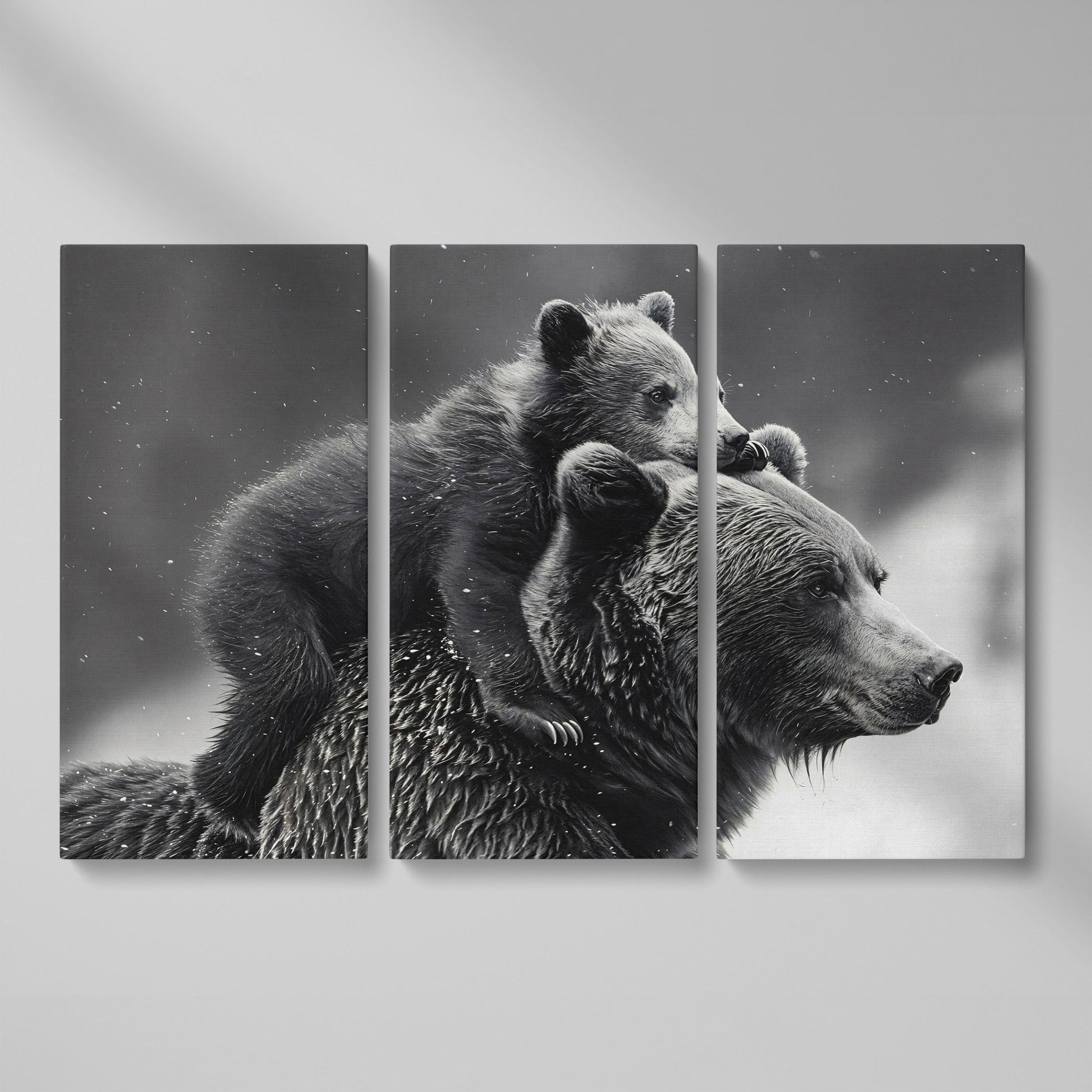 Bear and Cub Canvas Print - Monochrome Wildlife Art as 3-panel split version
