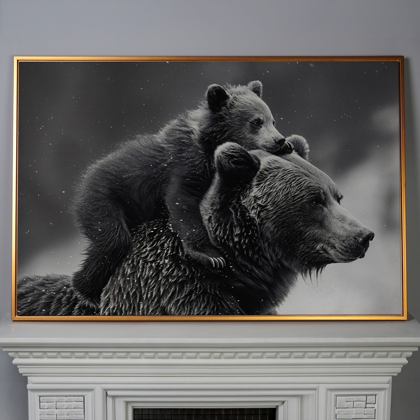Bear and Cub Canvas Print - Monochrome Wildlife Art in antique gold floating frame
