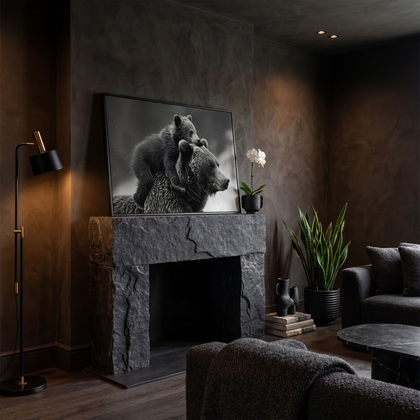 Bear and Cub Canvas Print - Monochrome Wildlife Art in black floating frame