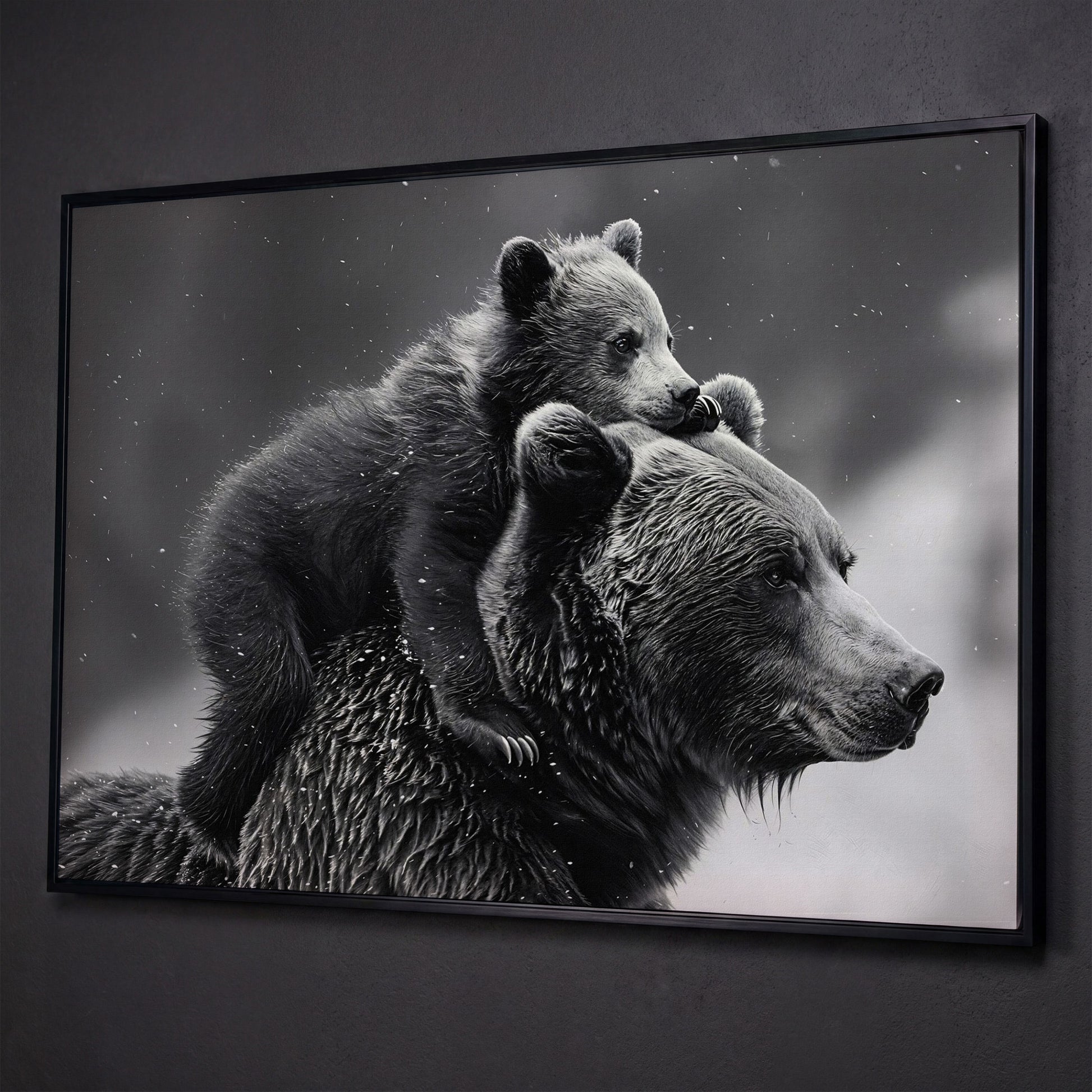 Bear and Cub Canvas Print - Monochrome Wildlife Art shown in black floating frame