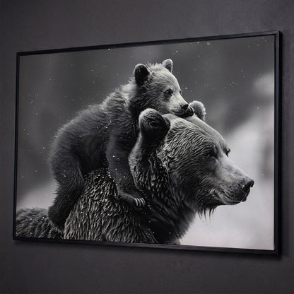 Bear and Cub Canvas Print - Monochrome Wildlife Art shown in black floating frame