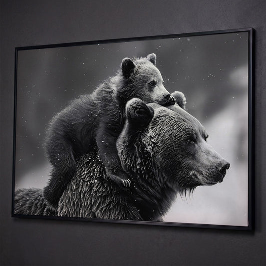 Bear and Cub Canvas Print - Monochrome Wildlife Art shown in black floating frame