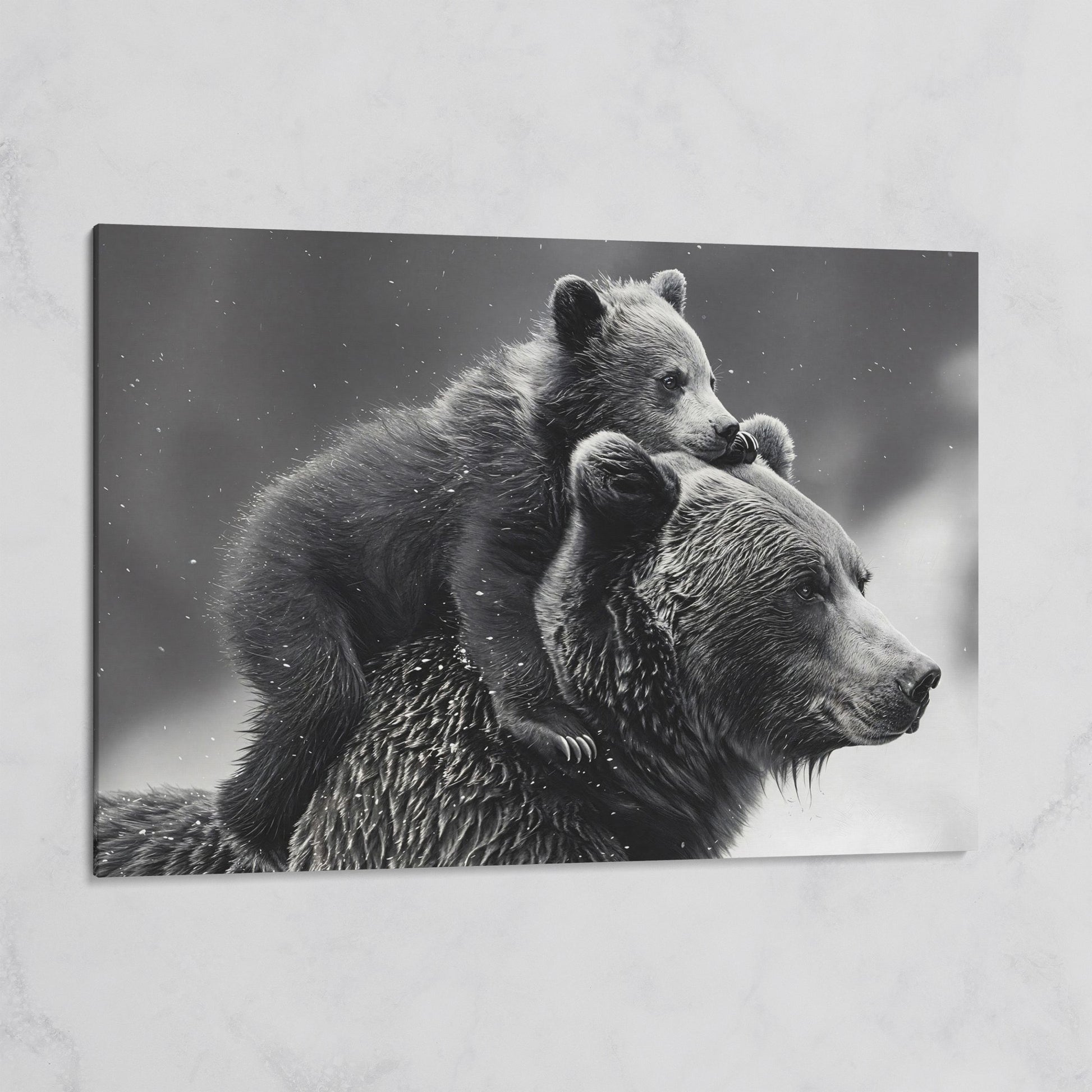 Bear and Cub Canvas Print - Monochrome Wildlife Art on gallery wrap