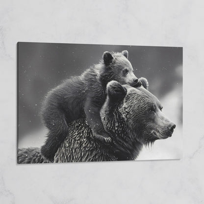 Bear and Cub Canvas Print - Monochrome Wildlife Art on gallery wrap