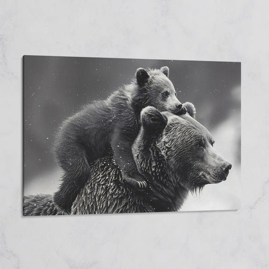 Bear and Cub Canvas Print - Monochrome Wildlife Art on gallery wrap