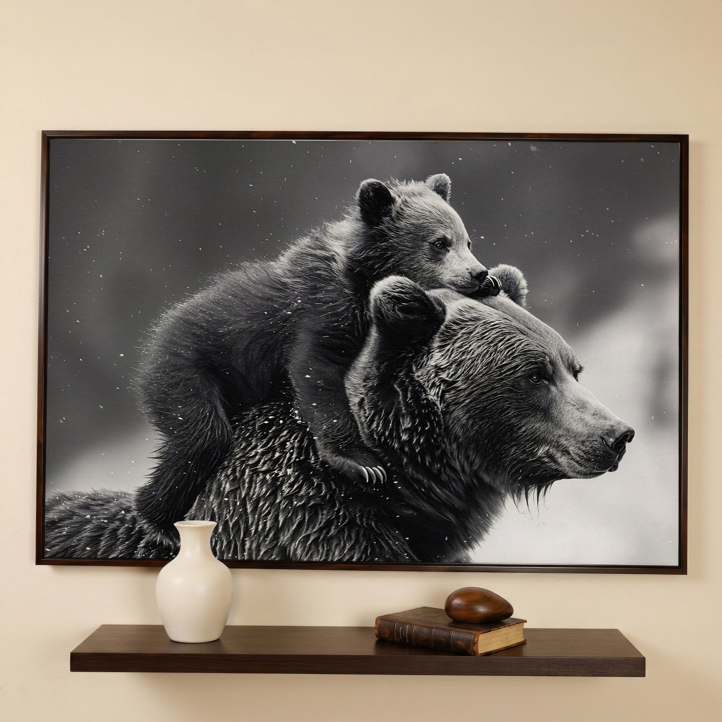 Bear and Cub Canvas Print - Monochrome Wildlife Art in dark walnut floating frame