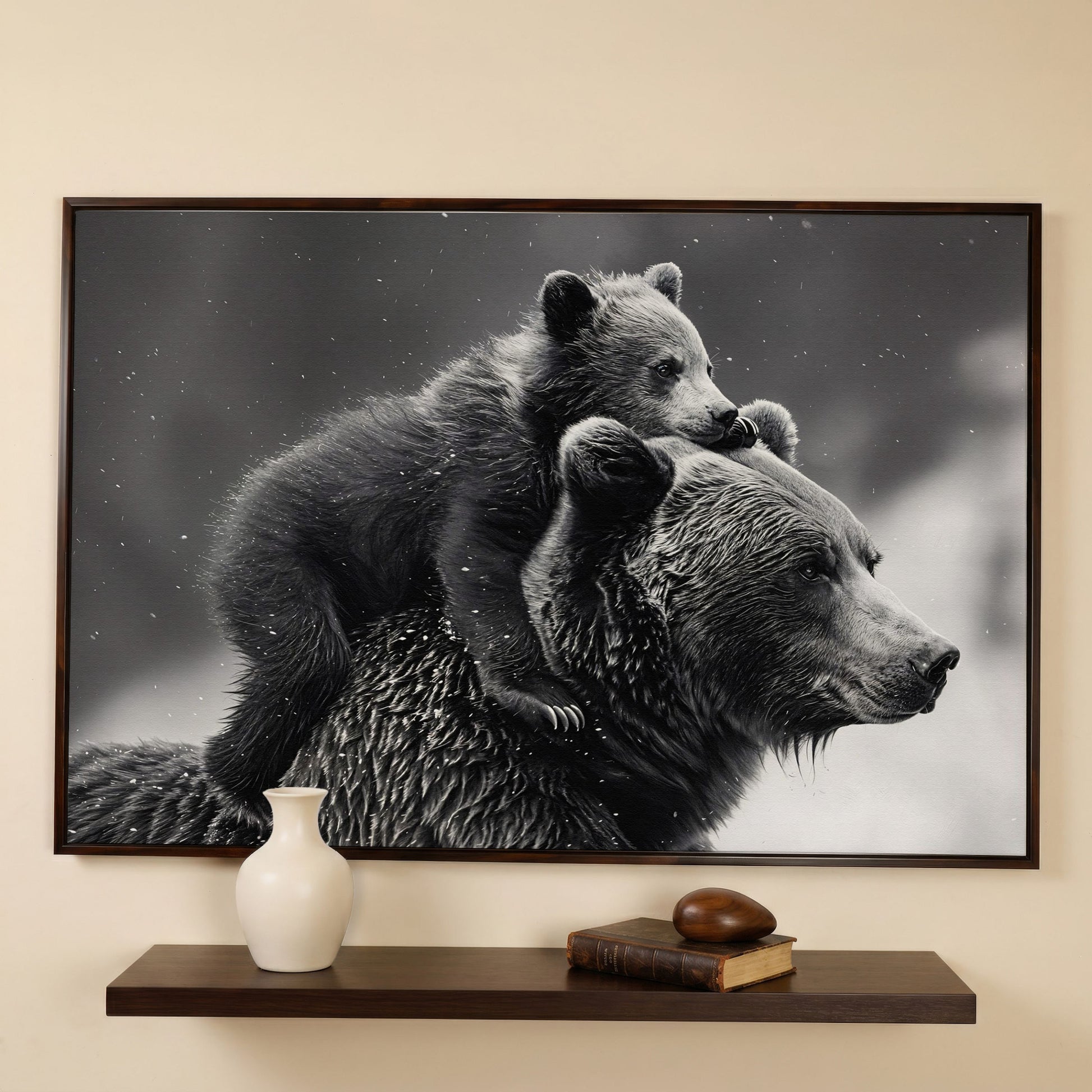 Bear and Cub Canvas Print - Monochrome Wildlife Art in dark walnut floating frame