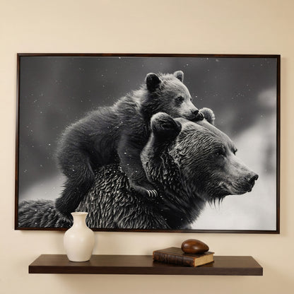 Bear and Cub Canvas Print - Monochrome Wildlife Art in dark walnut floating frame