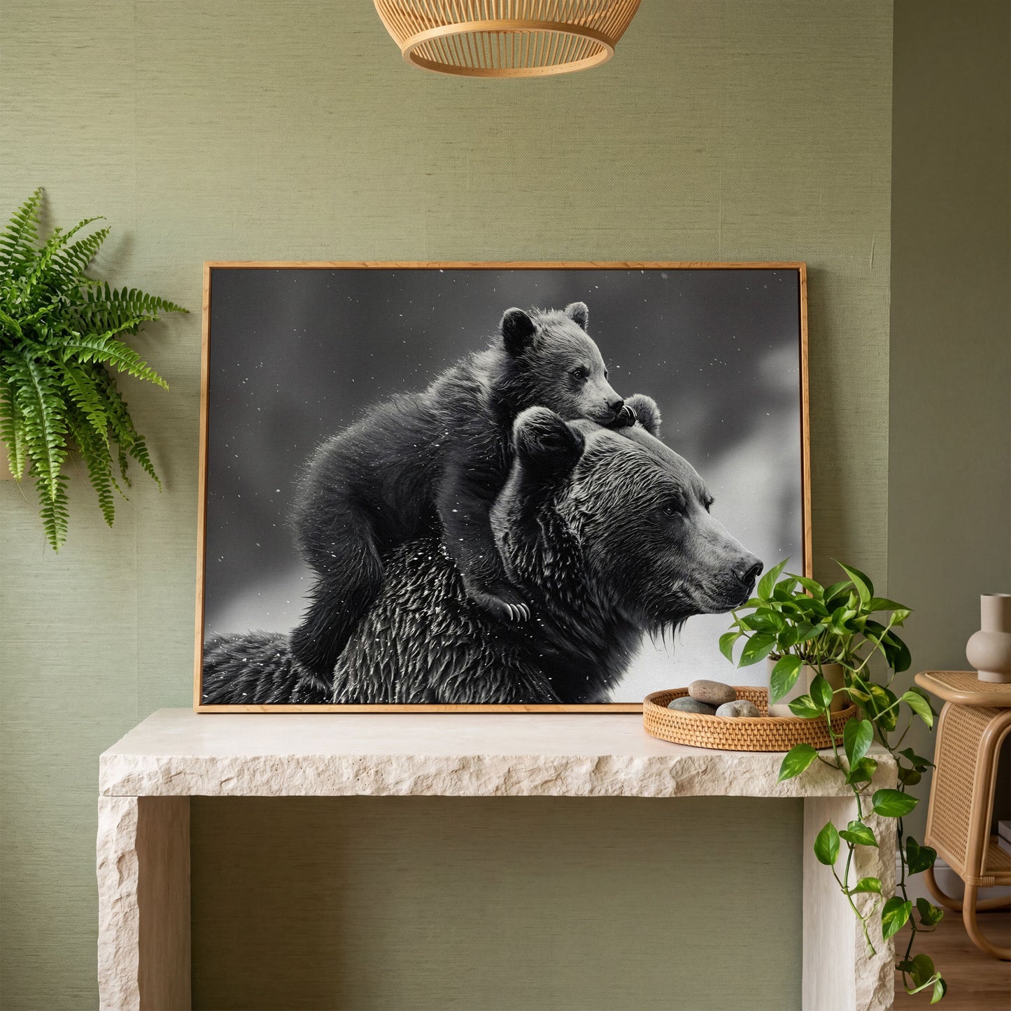 Bear and Cub Canvas Print - Monochrome Wildlife Art in white oak floating frame