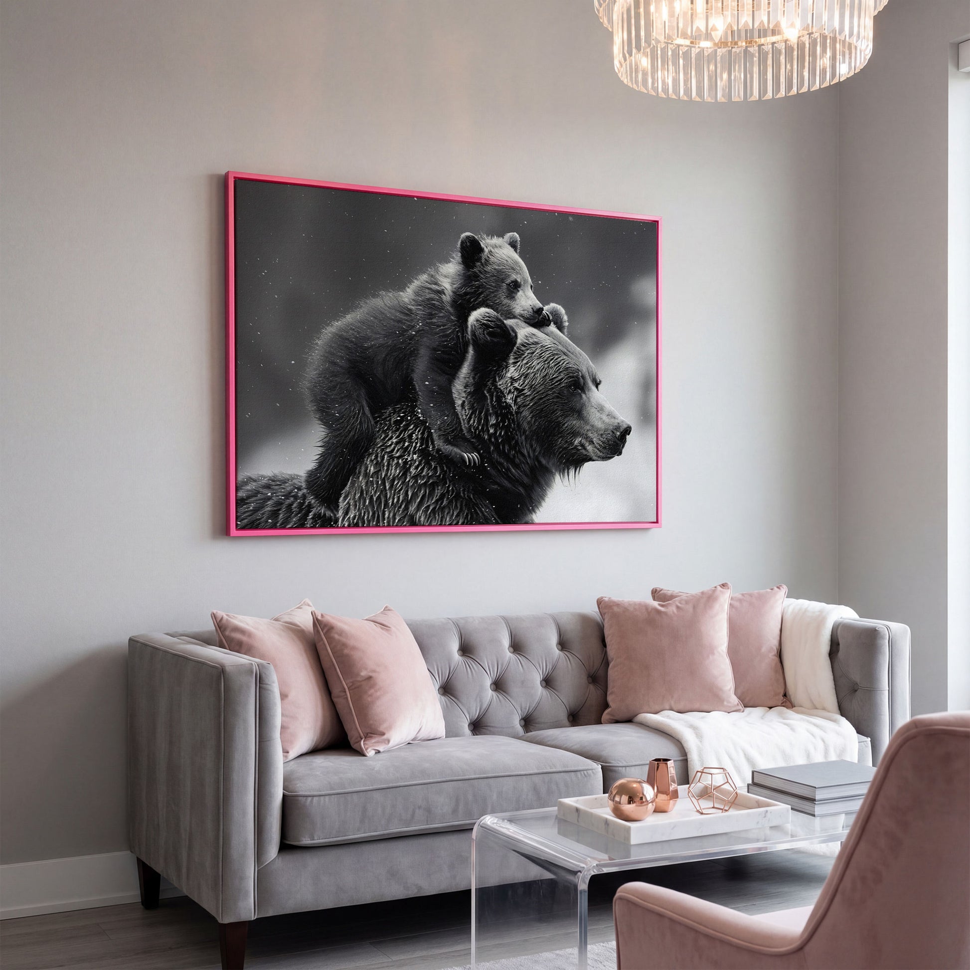 Bear and Cub Canvas Print - Monochrome Wildlife Art in pink floating frame