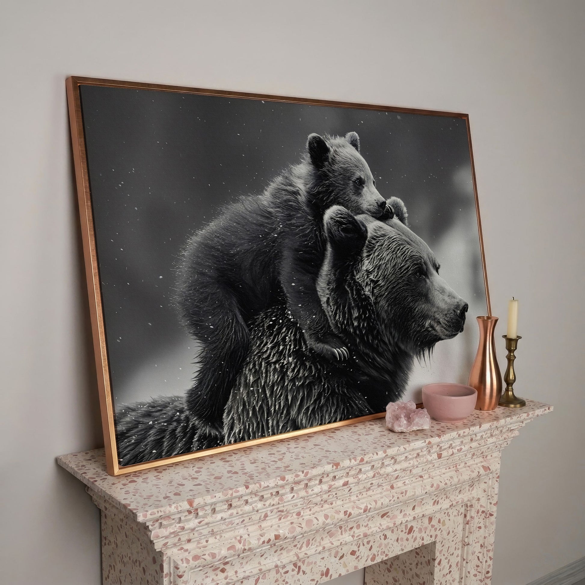 Bear and Cub Canvas Print - Monochrome Wildlife Art in rose gold floating frame