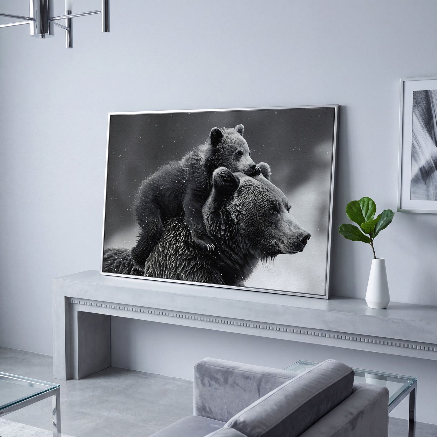 Bear and Cub Canvas Print - Monochrome Wildlife Art in silver floating frame