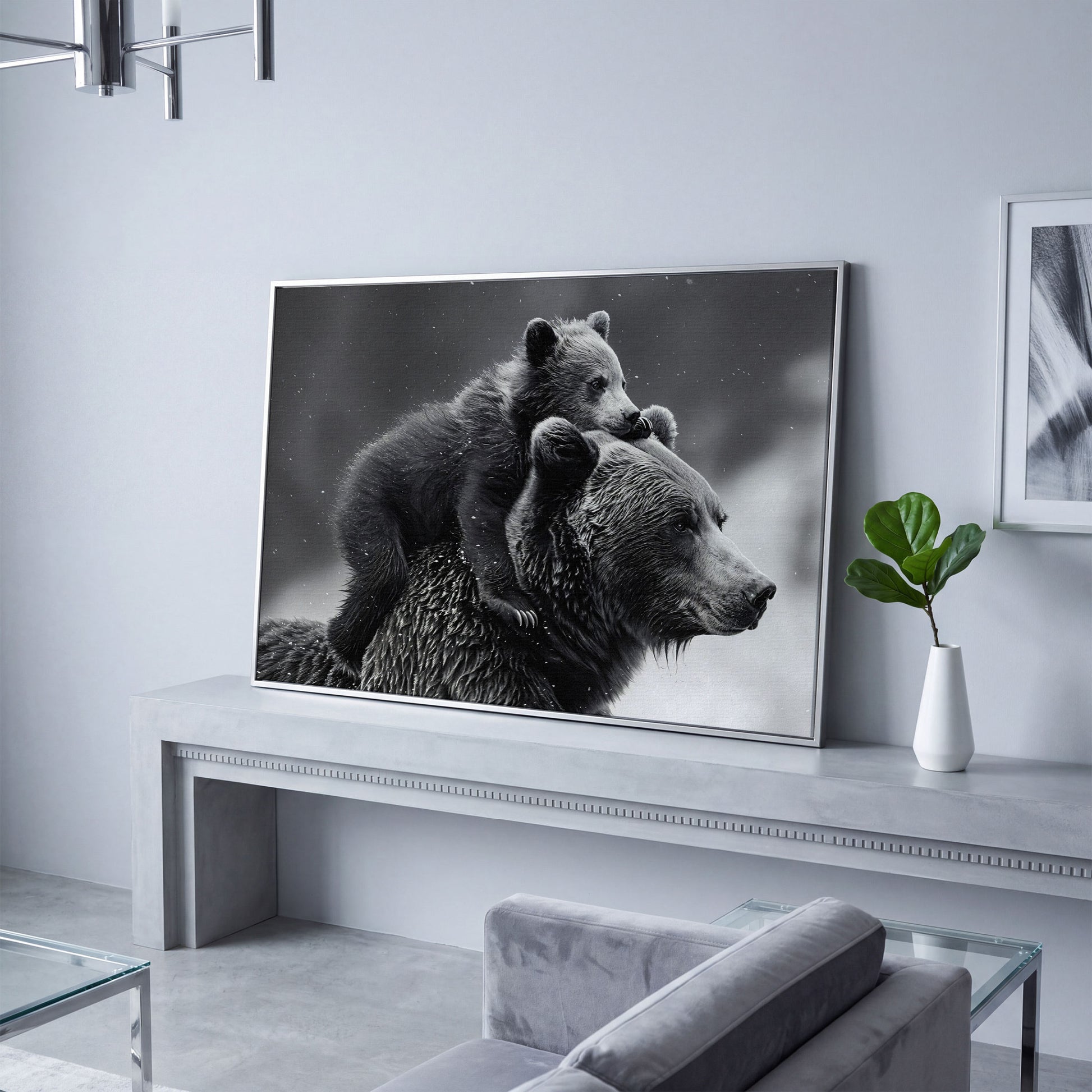 Bear and Cub Canvas Print - Monochrome Wildlife Art in silver floating frame