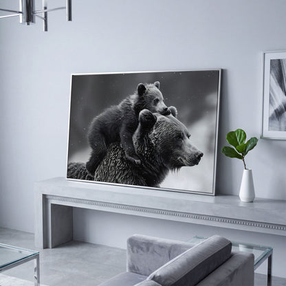 Bear and Cub Canvas Print - Monochrome Wildlife Art in silver floating frame