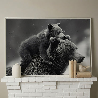 Bear and Cub Canvas Print - Monochrome Wildlife Art in white floating frame
