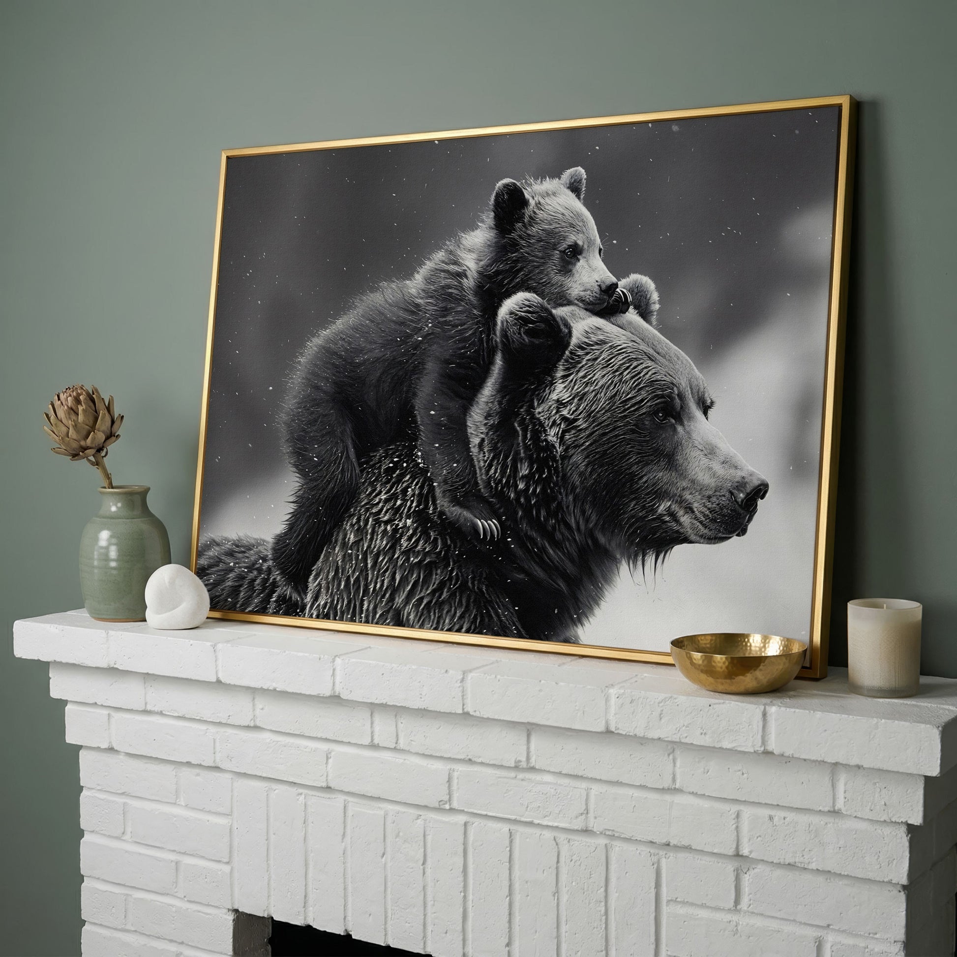 Bear and Cub Canvas Print - Monochrome Wildlife Art in yellow gold floating frame