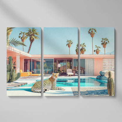 Pink Villa with Cheetah by the Pool Canvas Print as 3-panel split version