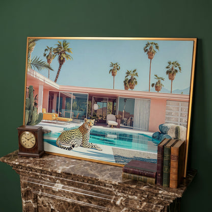Pink Villa with Cheetah by the Pool Canvas Print in antique gold floating frame