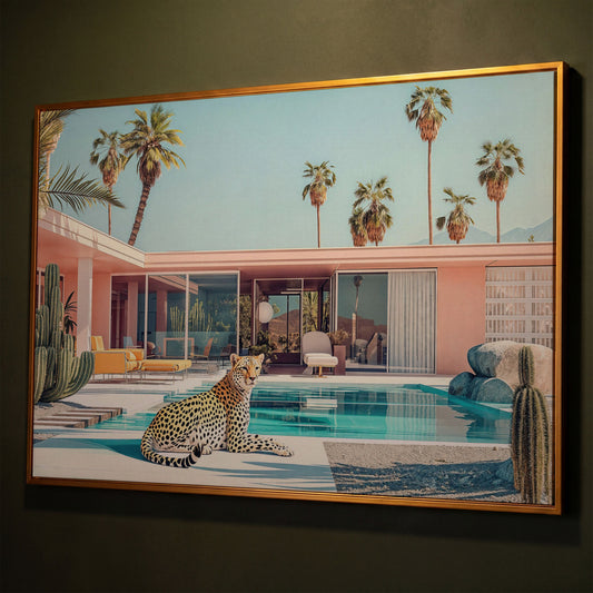 Pink Villa with Cheetah by the Pool Canvas Print shown in antique gold floating frame