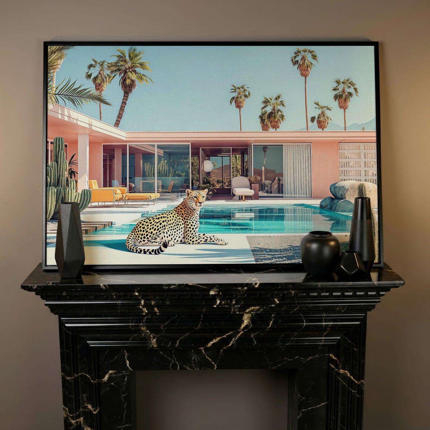 Pink Villa with Cheetah by the Pool Canvas Print in black floating frame