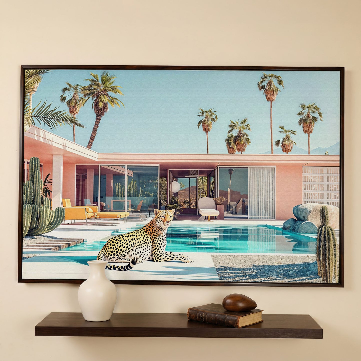 Pink Villa with Cheetah by the Pool Canvas Print in dark walnut floating frame