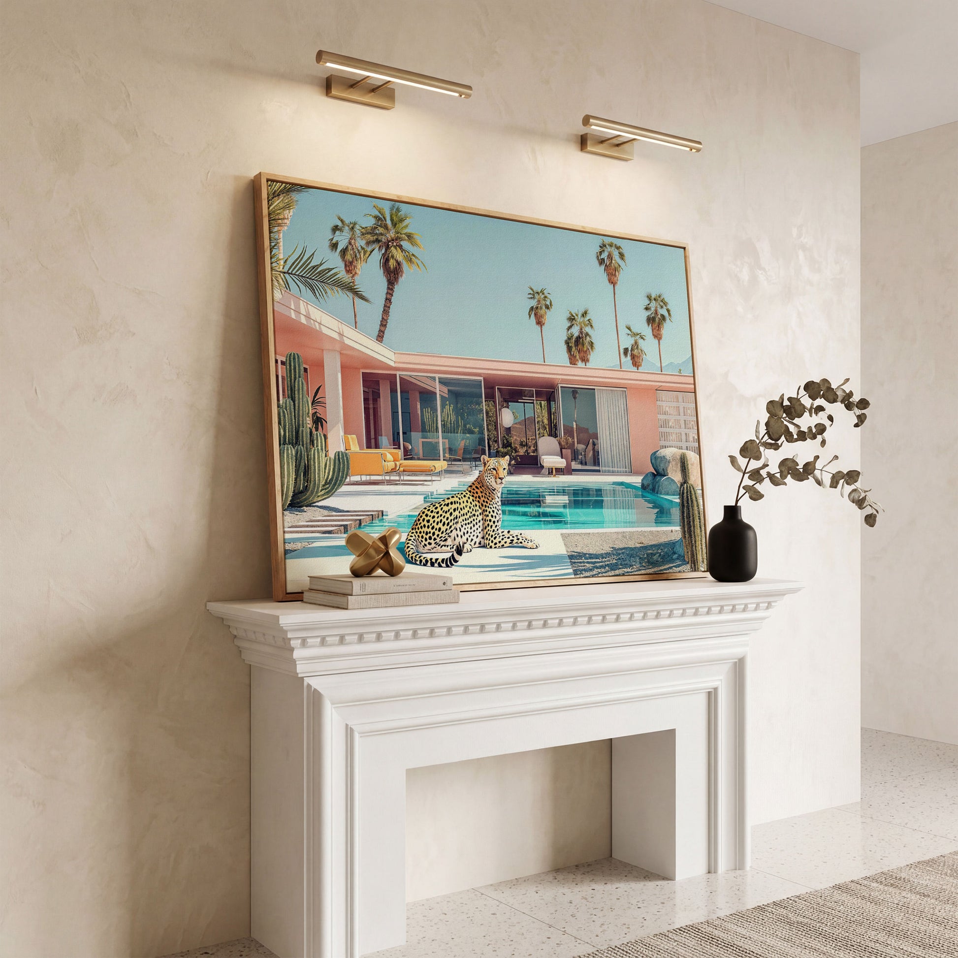 Pink Villa with Cheetah by the Pool Canvas Print in white oak floating frame