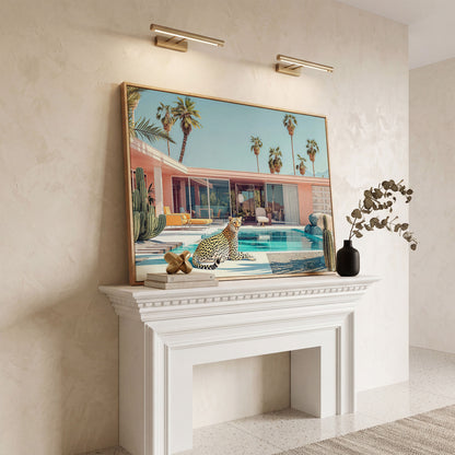 Pink Villa with Cheetah by the Pool Canvas Print in white oak floating frame