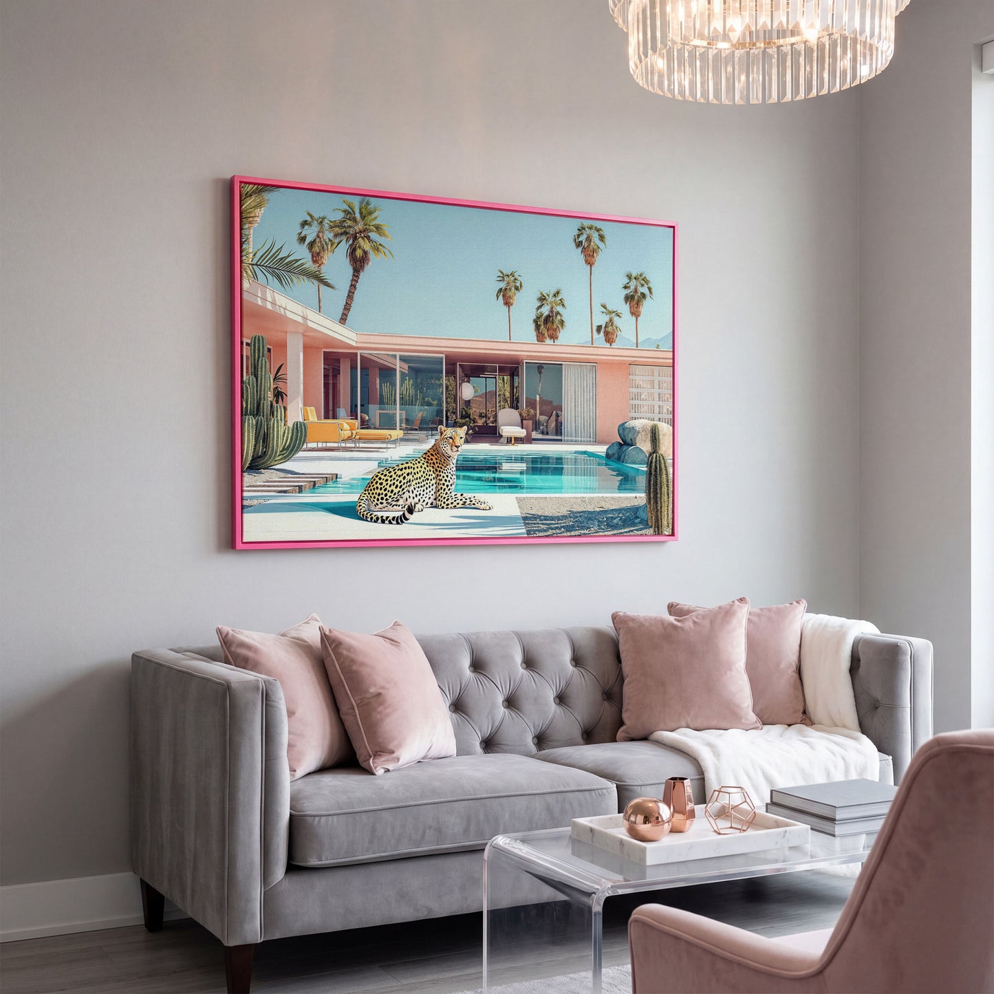 Pink Villa with Cheetah by the Pool Canvas Print in pink floating frame