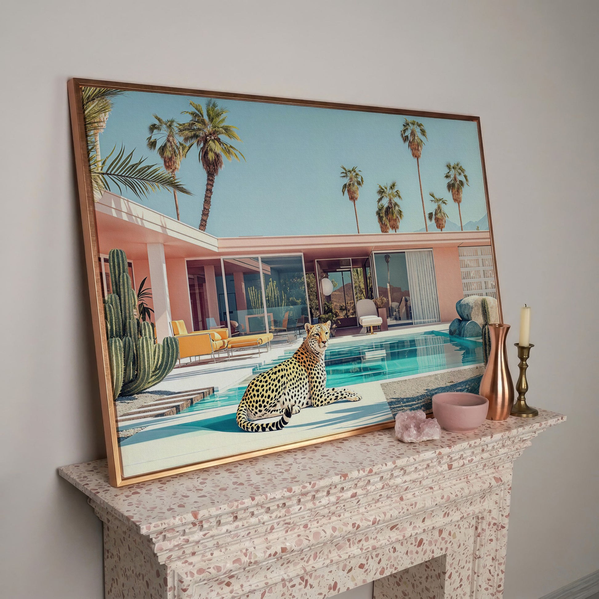 Pink Villa with Cheetah by the Pool Canvas Print in rose gold floating frame