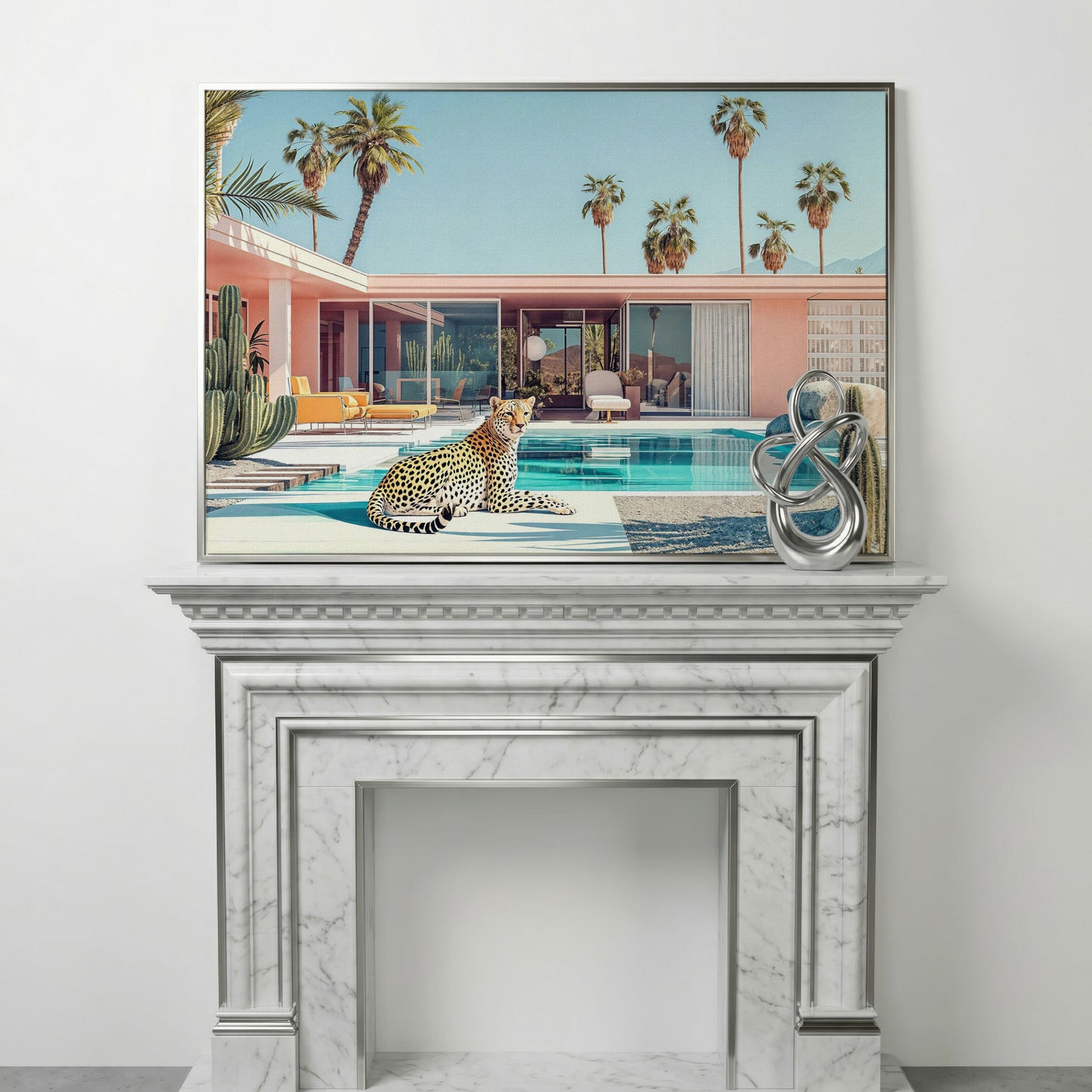 Pink Villa with Cheetah by the Pool Canvas Print in silver floating frame