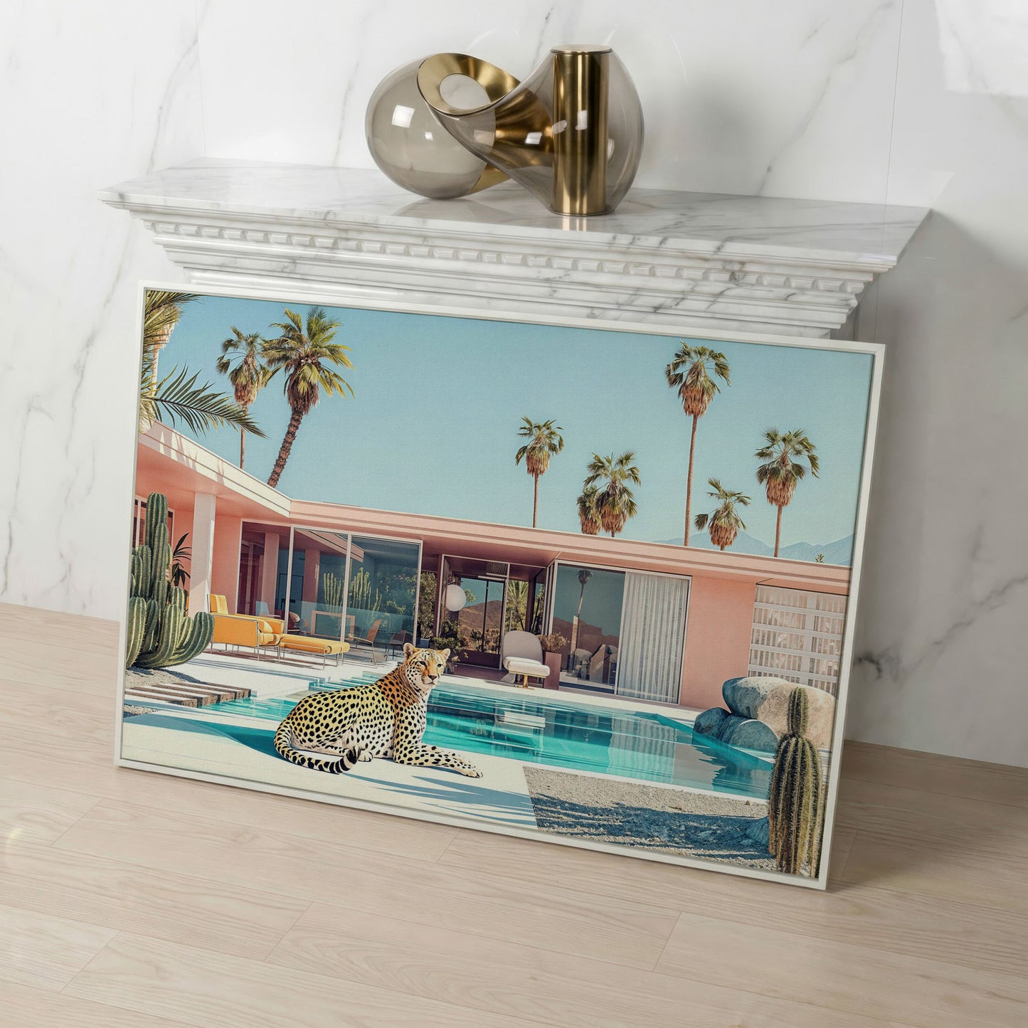 Pink Villa with Cheetah by the Pool Canvas Print in white floating frame