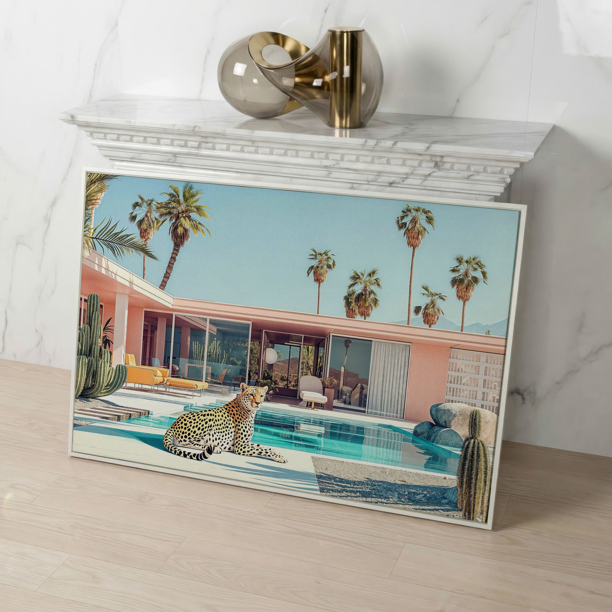 Pink Villa with Cheetah by the Pool Canvas Print in white floating frame