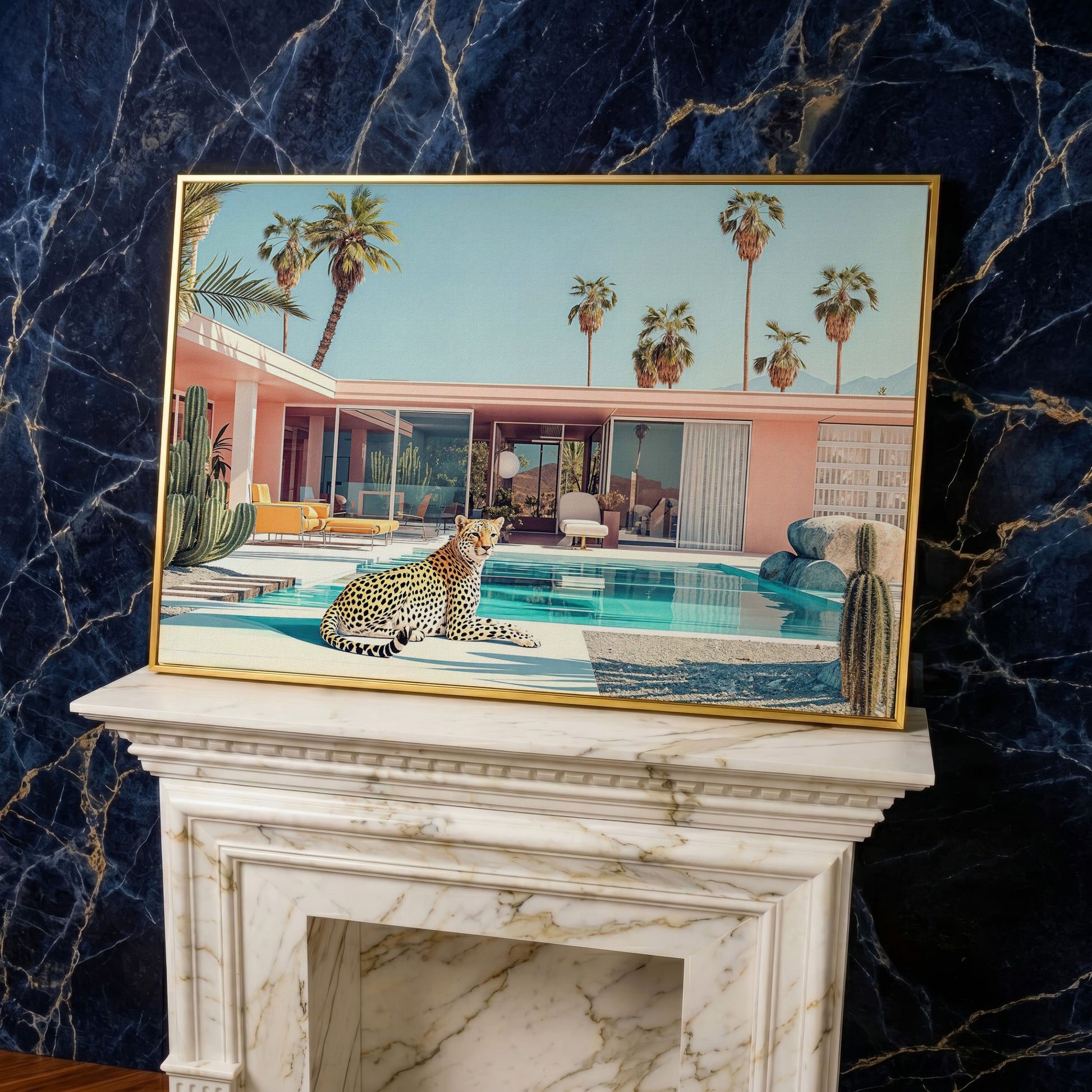 Pink Villa with Cheetah by the Pool Canvas Print in yellow gold floating frame