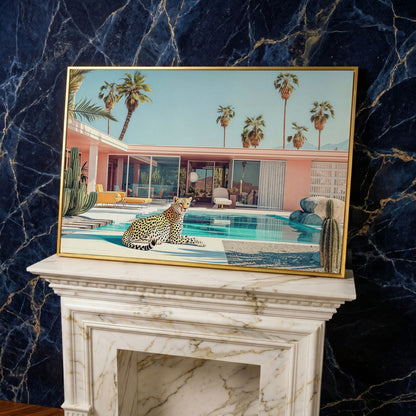 Pink Villa with Cheetah by the Pool Canvas Print in yellow gold floating frame