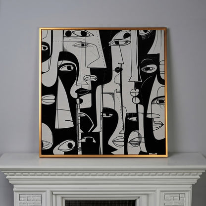 Cubist Abstract Faces in Black and White Canvas in antique gold floating frame