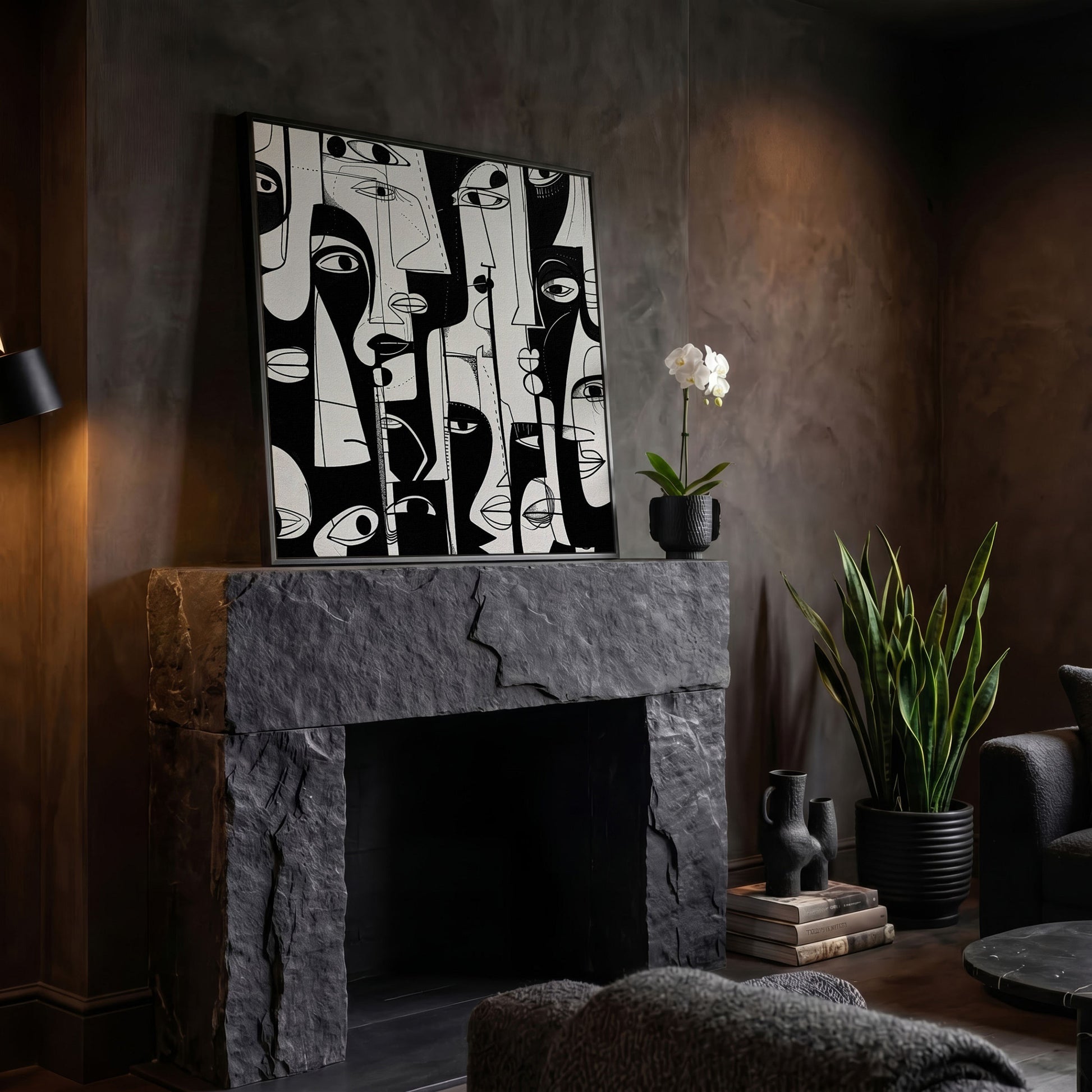 Cubist Abstract Faces in Black and White Canvas in black floating frame
