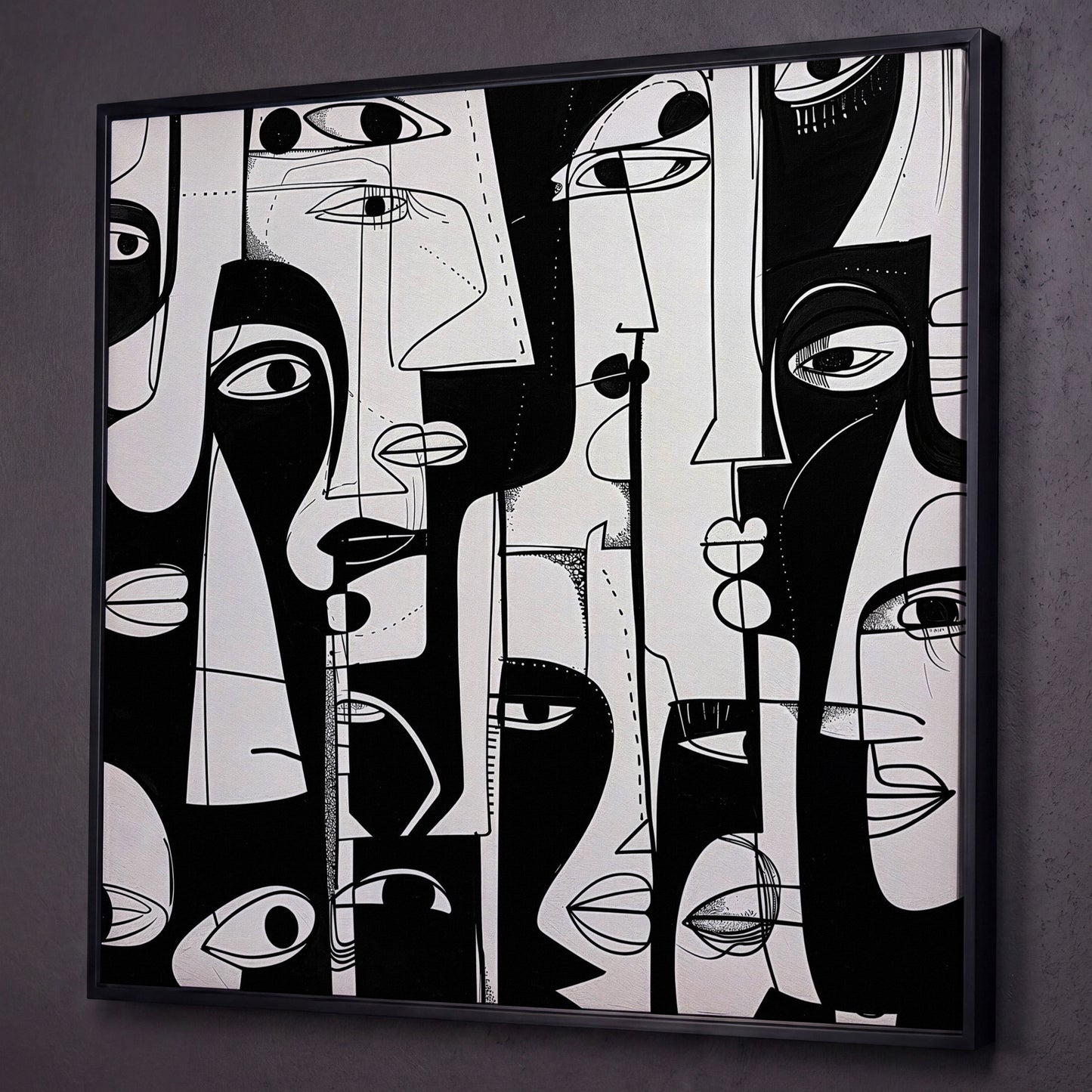 Cubist Abstract Faces in Black and White Canvas shown in black floating frame