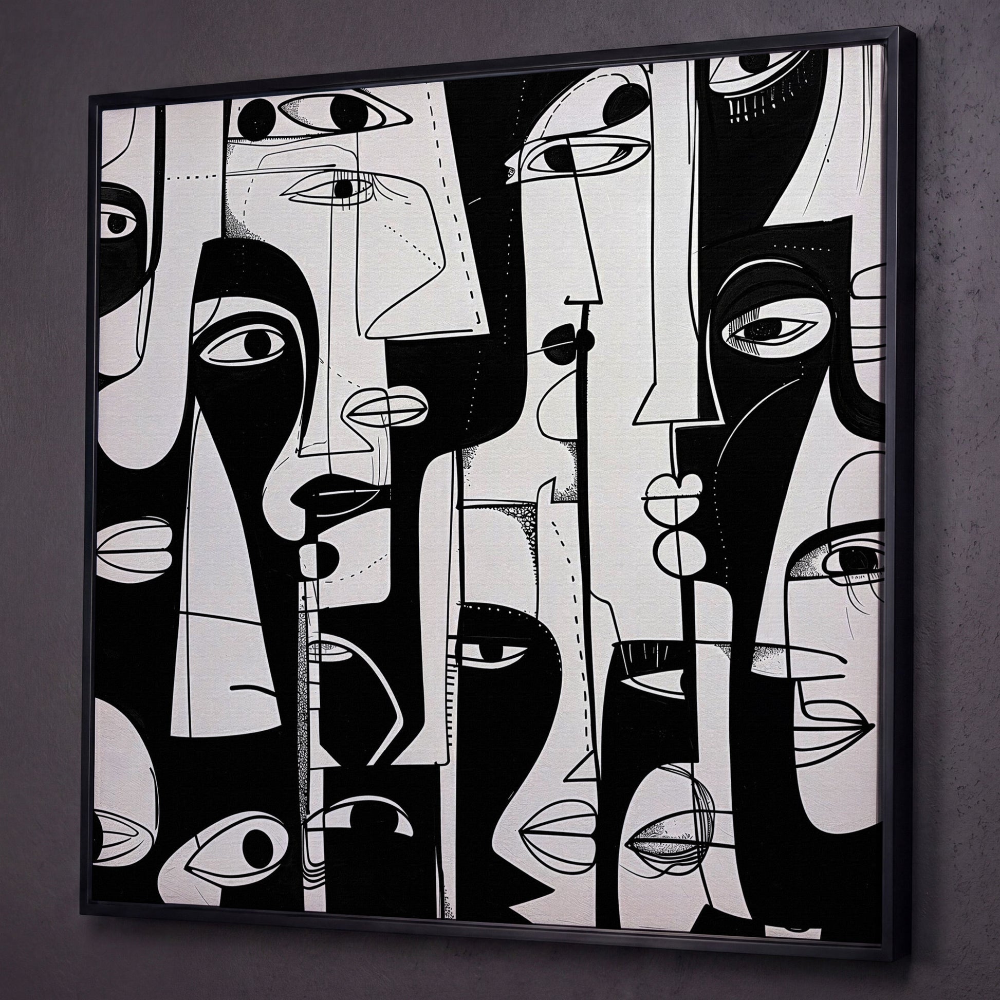 Cubist Abstract Faces in Black and White Canvas shown in black floating frame