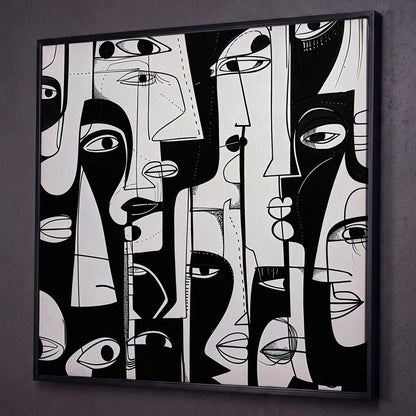 Cubist Abstract Faces in Black and White Canvas shown in black floating frame