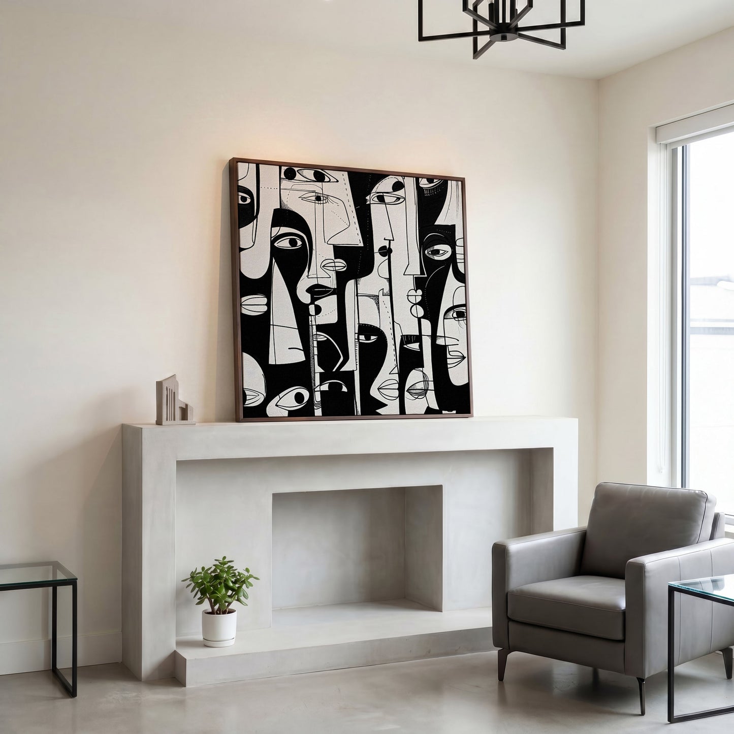 Cubist Abstract Faces in Black and White Canvas in dark walnut floating frame