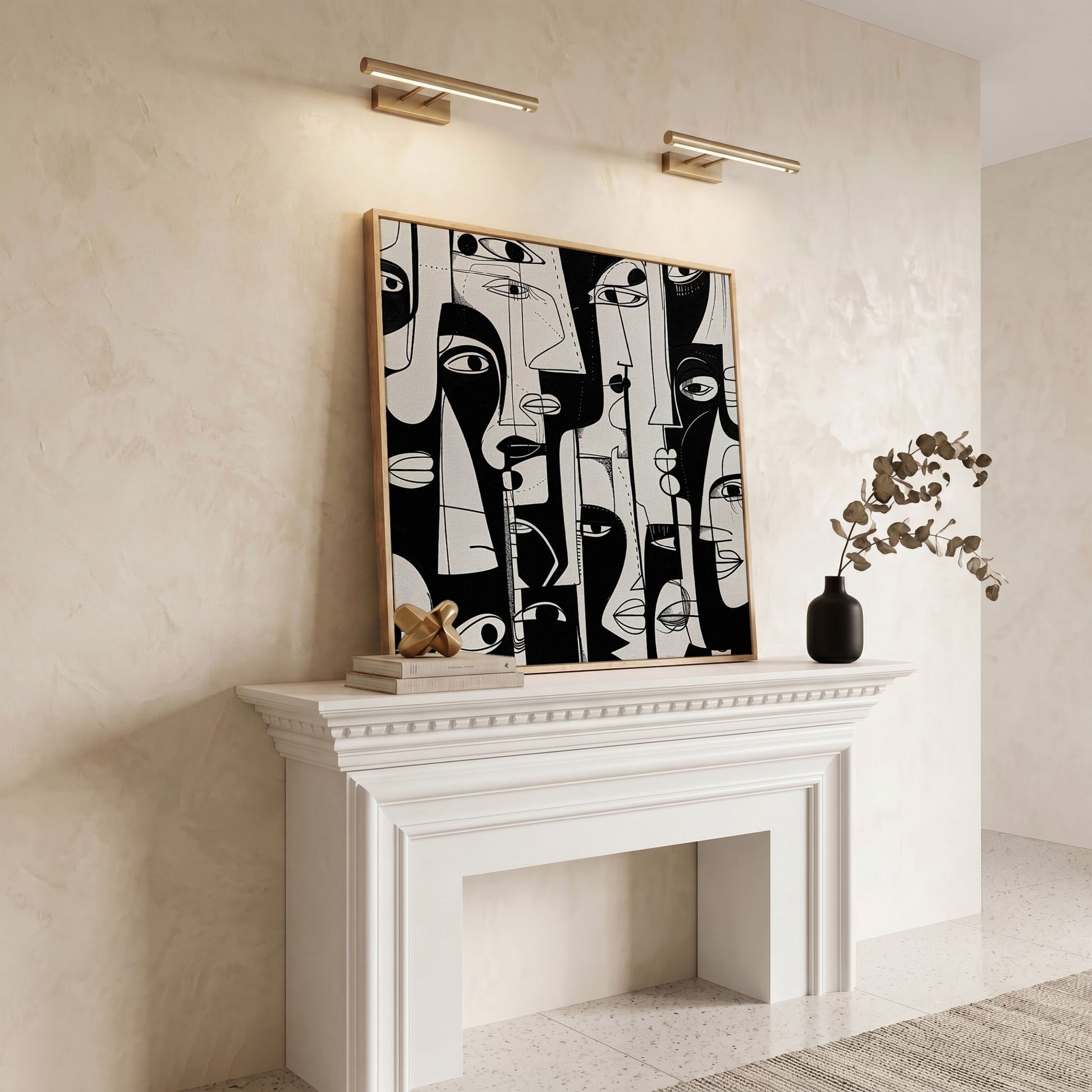 Cubist Abstract Faces in Black and White Canvas in white oak floating frame