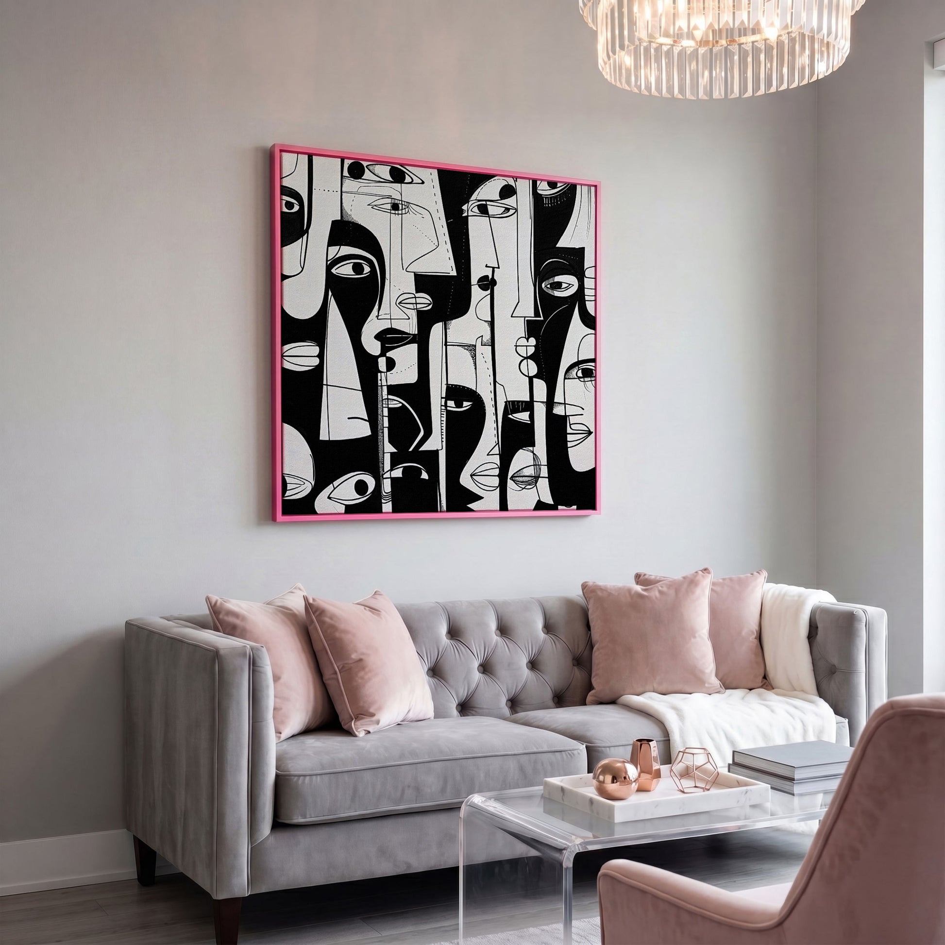 Cubist Abstract Faces in Black and White Canvas in pink floating frame