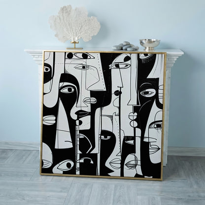 Cubist Abstract Faces in Black and White Canvas in rose gold floating frame