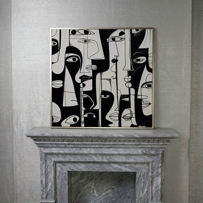 Cubist Abstract Faces in Black and White Canvas in silver floating frame