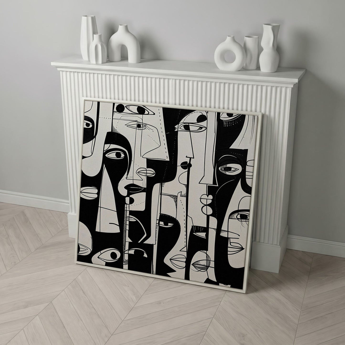 Cubist Abstract Faces in Black and White Canvas in white floating frame