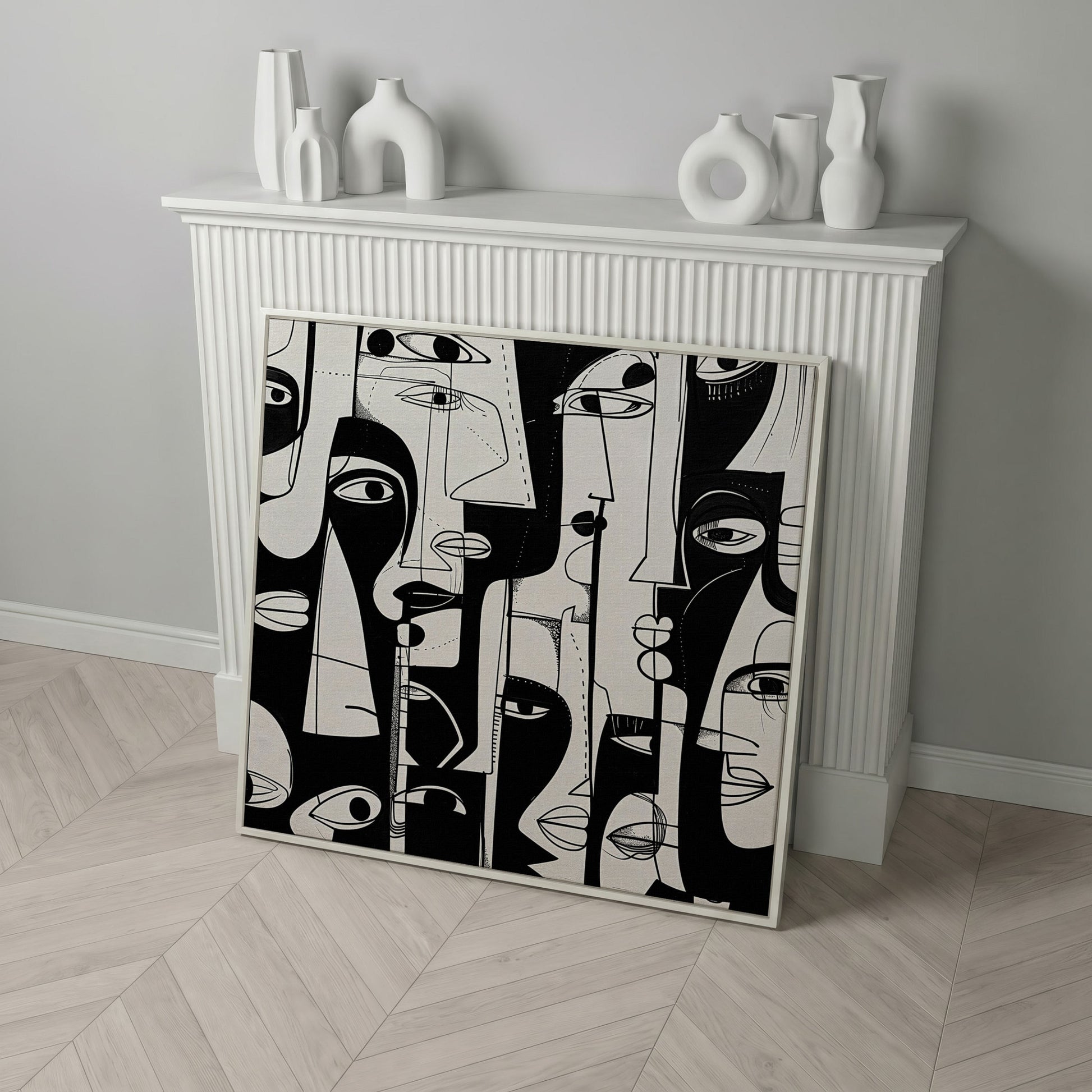 Cubist Abstract Faces in Black and White Canvas in white floating frame